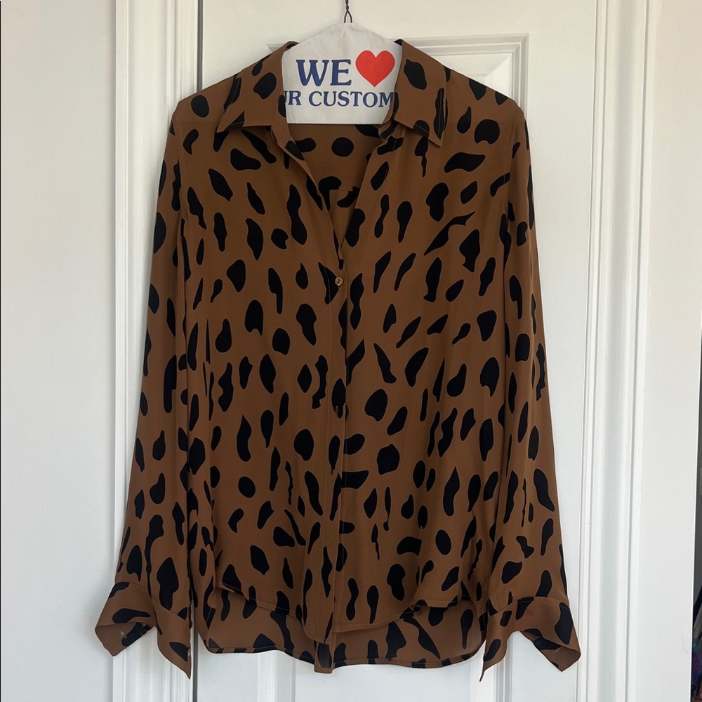 L'AGENCE Brown and Black Leopard Print Silk Blouse